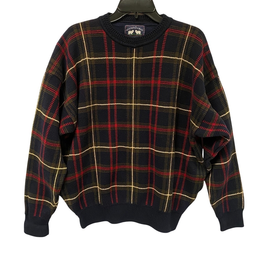 Vintage Woods & Gray Cotton Knit Sweater Large Mens‎ Plaid Pullover Granpacore